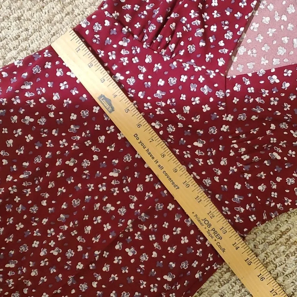 All In Favor Burgundy Floral Puff Sleeve Midi Dress Size M Medium - Picture 10 of 11
